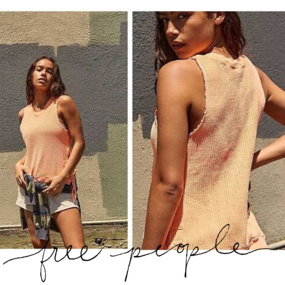 Free People Sleeveless Interlaken Tank, Size Large Neon 🍑 Peach Orange